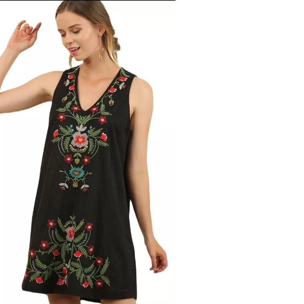 Umgee Dress Women Small Olive Green Faux Suede Floral Embroidered Mini Bohemian